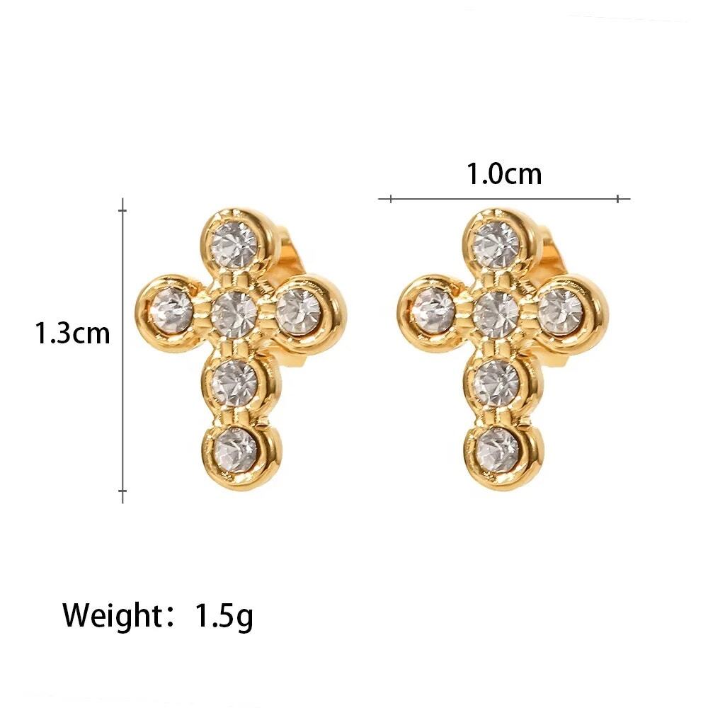 Zircon Cross Stud Earrings 18K Gold Plated Minimalist - Picture 7 of 7